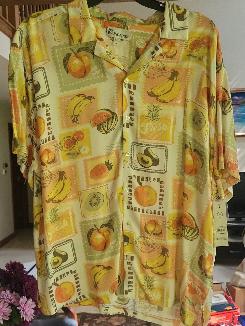 No Boundaries Yellow Tropical Fruit Print Short Sleeve Button-Down Shirt 2 Xl